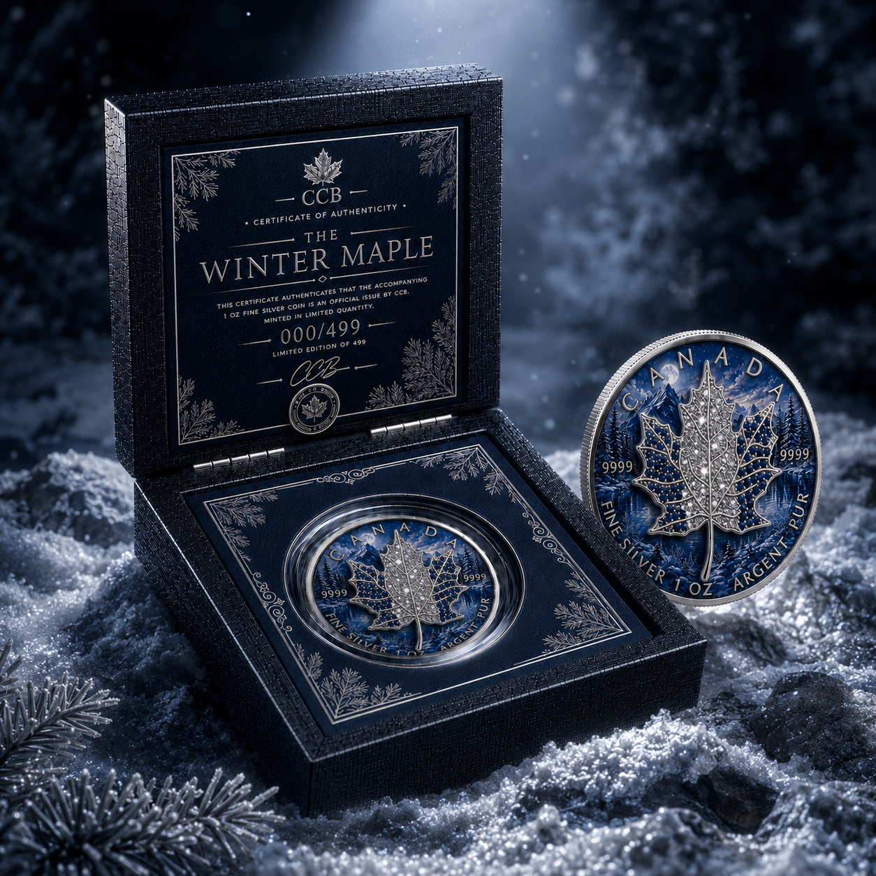 New 4pc Series! 2026 Seasons Winter Maple Bejeweled 1oz .9999 Fine Silver Colorized Canadian Maple
