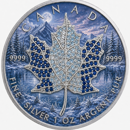 New 4pc Series! 2026 Seasons Winter Maple Bejeweled 1oz .9999 Fine Silver Colorized Canadian Maple