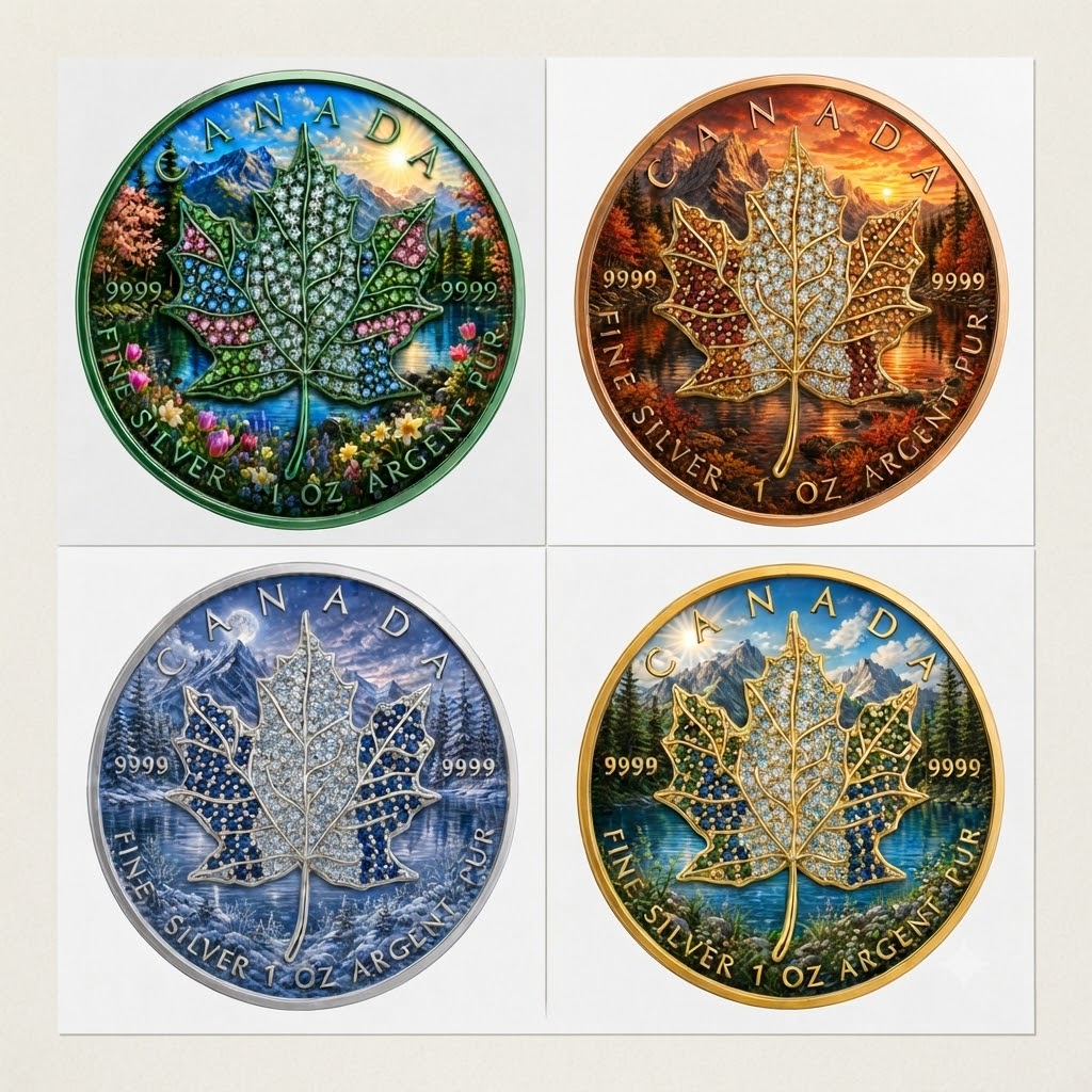 New 4pc Series! 2026 Seasons Spring Maple Bejeweled 1oz .9999 Fine Silver Colorized Canadian Maple