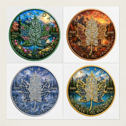 New 4pc Series! 2026 Seasons Summer Maple Bejeweled 1oz .9999 Fine Silver Colorized Canadian Maple
