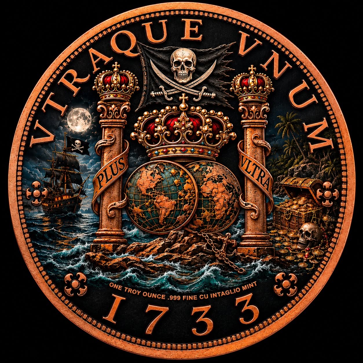 Intaglio Mint 1733 Pirate's Pillar Dollar 1 oz Copper Colorized Medal (7/13)
