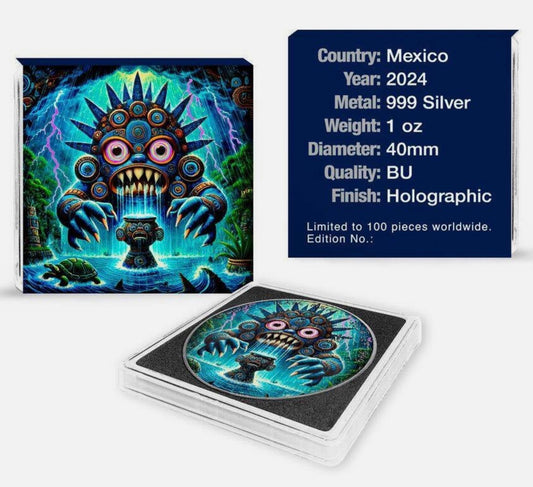 In Stock! 2024 1 oz Mexican Libertad Tlaloc Holographic Colorized Silver Coin