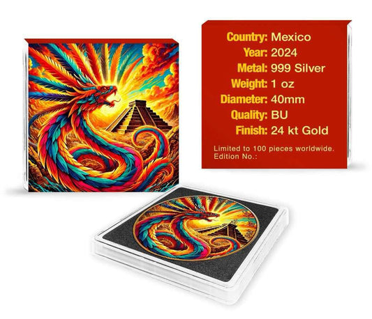 In Stock! Serial #3! Mexico 2024 Libertad Aztec God Quetzalcoatl 24K Gilded 1 oz Colorized Art Coin (100 Mintage)