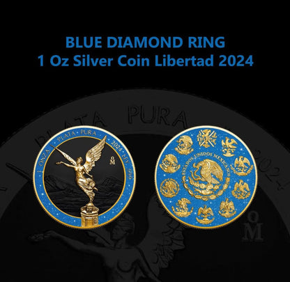 In Stock! 2024 Mexico Libertad Blue Diamond Dust Ring 1 oz Silver Gilded Coin