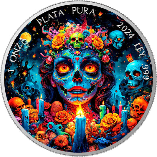 In Stock! Mexico 2024 Dia De Los Muertos Nightmare 1 oz Colorized Silver Art Coin (200 Mintage)