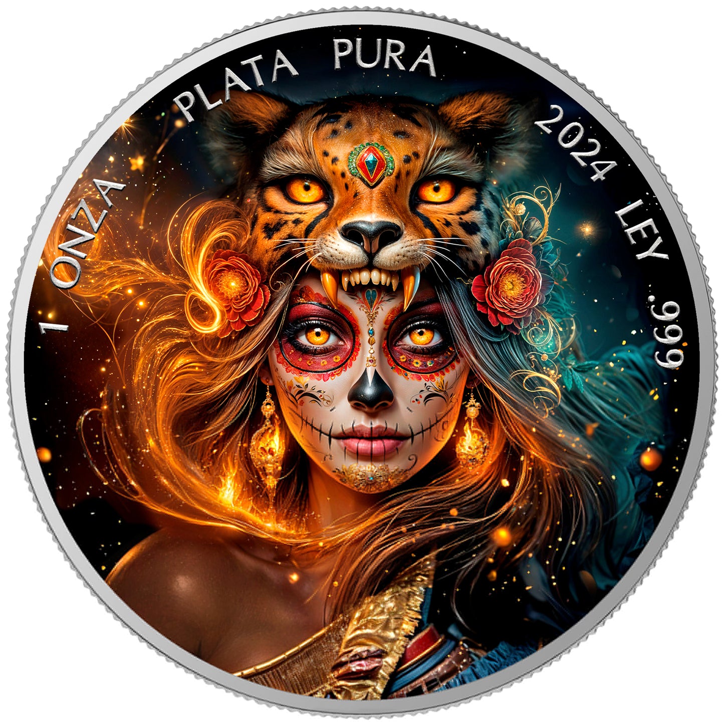 In Stock! 2024 Mexico Libertad Dia de los Muertos Ocelotl Warrior Edition 1 oz Silver Coin