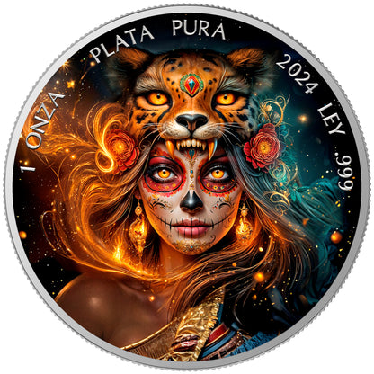 In Stock! 2024 Mexico Libertad Dia de los Muertos Ocelotl Warrior Edition 1 oz Silver Coin