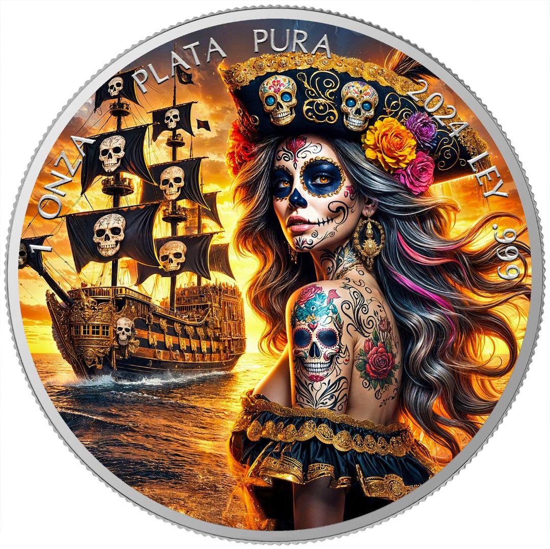 In Stock! Mexico 2024 Dia De Los Muertos Pirate 1 oz Colorized Silver Art Coin
