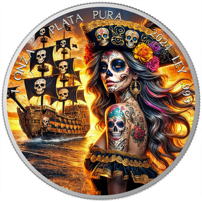 In Stock! Mexico 2024 Dia De Los Muertos Pirate 1 oz Colorized Silver Art Coin
