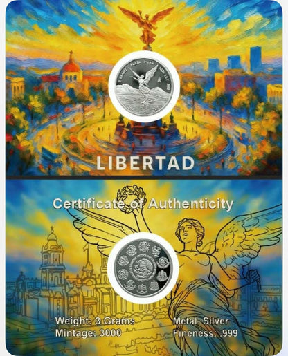 In Stock! 2026 Mexico Libertad Tribute Round 3 Gram .999 Silver Proof Art Medal in Card