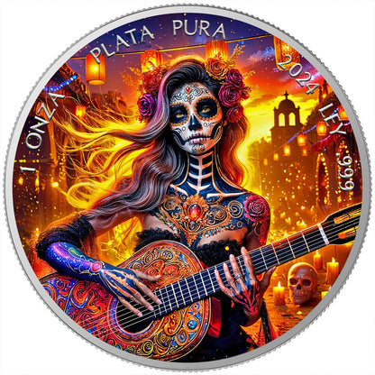 In Stock! 2024 Mexico Libertad Dia de los Muertos Guitarist Morning Edition 1 oz Silver Coin (250 Mintage)
