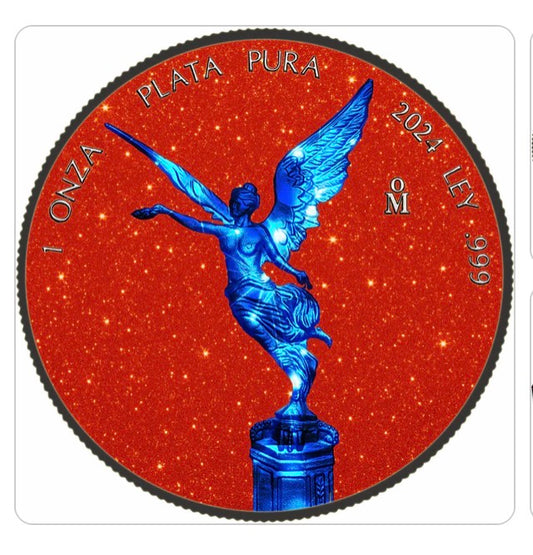 In Stock! 2024 Mexico Libertad Blue Electric Holo Red Glitter Edition 1 oz Silver Coin (08/26)