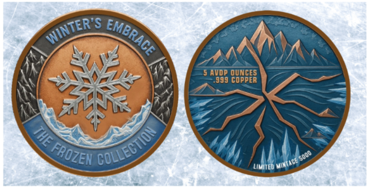 In Stock! Winter's Embrace Colorized 5 oz Copper Medal (5,000 Mintage)