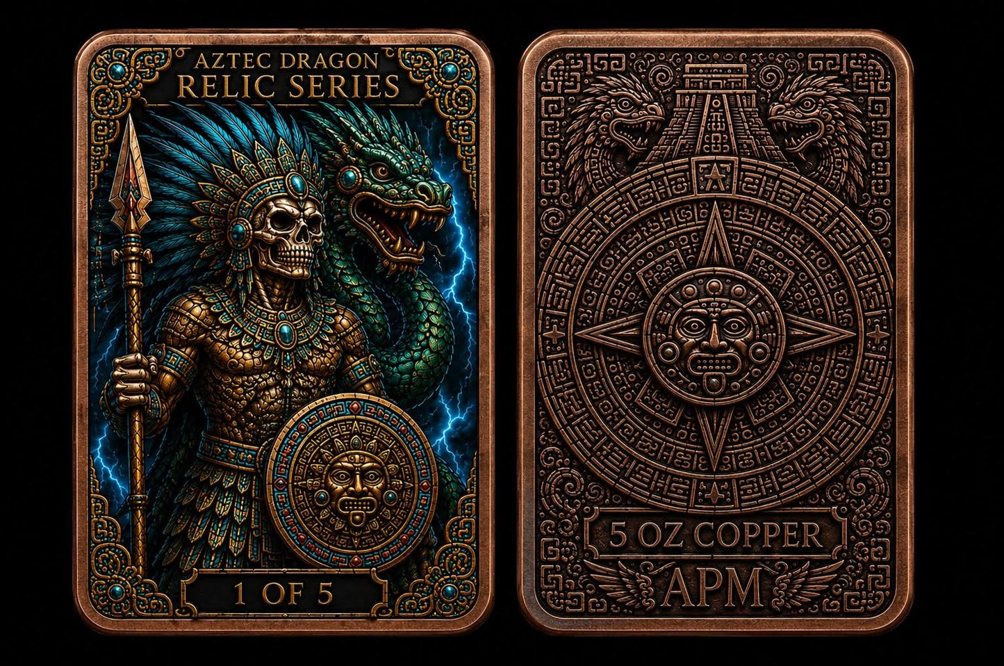 APM Mint Aztec Dragon Relic Series First Release - The Undead Warrior King - 5 oz Copper Colorized Bar in Capsule (1000 Mintage)