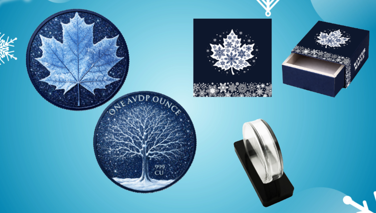 In Stock! Winter Maple featuring Dual Sided Diamond Dust with Box/Display 1oz Copper