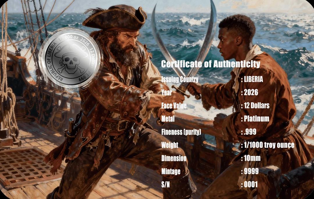 Deal of the Day! In Stock! 2026 Liberia Privateers vs Pirates 1/1000 oz .999 Platinum Coin in Card
