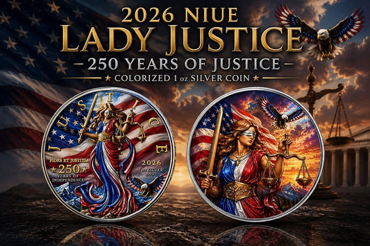 See the back! 2026 Niue Lady Justice - 250 Years of Justice 1 oz Silver Colorized Coin (250 Mintage)