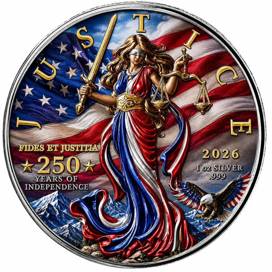 See the back! 2026 Niue Lady Justice - 250 Years of Justice 1 oz Silver Colorized Coin (250 Mintage)