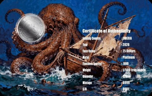 In Stock! Double weight! 2026 Liberia Kraken 1/500 oz .999 Platinum Coin in Card
