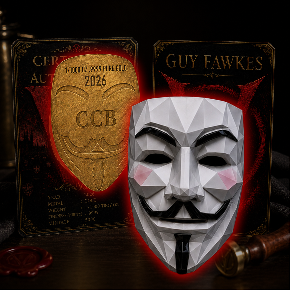 A geometric white Guy Fawkes mask with black facial features and pink cheek accents, displayed in front of two dark decorative cards reading 'Certificate of Authenticity' and 'Guy Fawkes 2026', with a red glow effect.