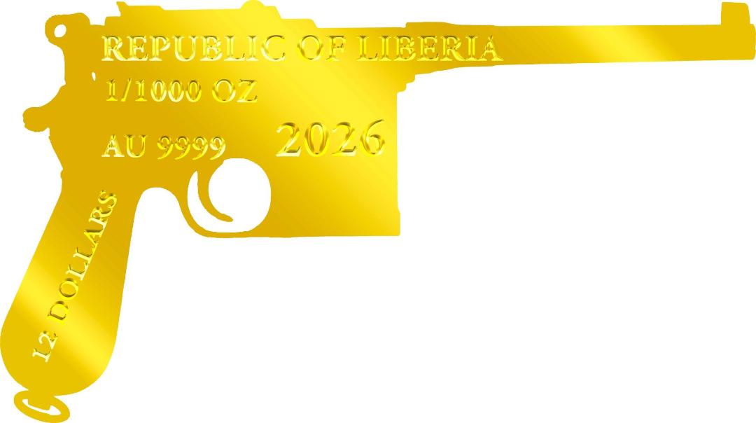2026 Liberia Mauser C96 Shaped 1/1000 oz Gold Coin in Card (9,999 Mintage)