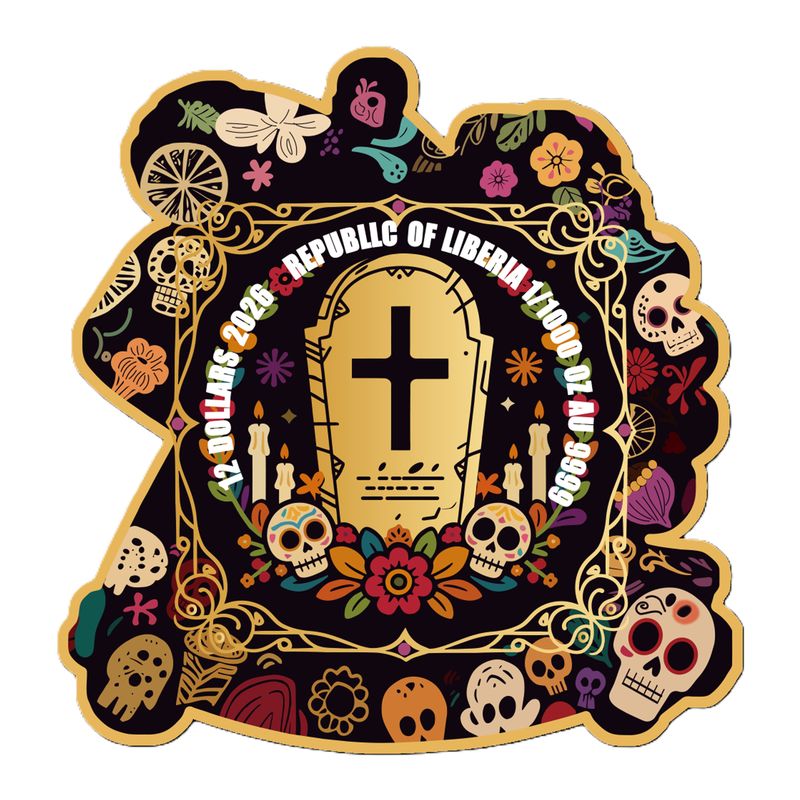 In Stock! 2026 Liberia Dia De los Muertos Bailando Shaped 1/1000 oz Gold Coin in Card (02/07)