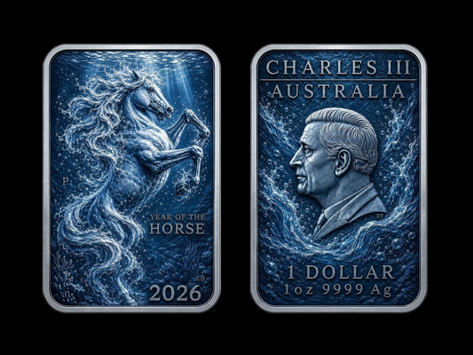 Estimate: 2026 Australia Year of the Horse: The Four Elements WATER Horse 1 oz Silver Colorized Coin Bar in Capsule w/COA (100 Mintage)