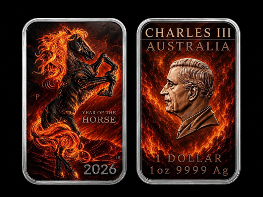 Estimate: 2026 Australia Year of the Horse: The Four Elements FIRE Horse 1 oz Silver Colorized Coin Bar in Capsule w/COA (100 Mintage)