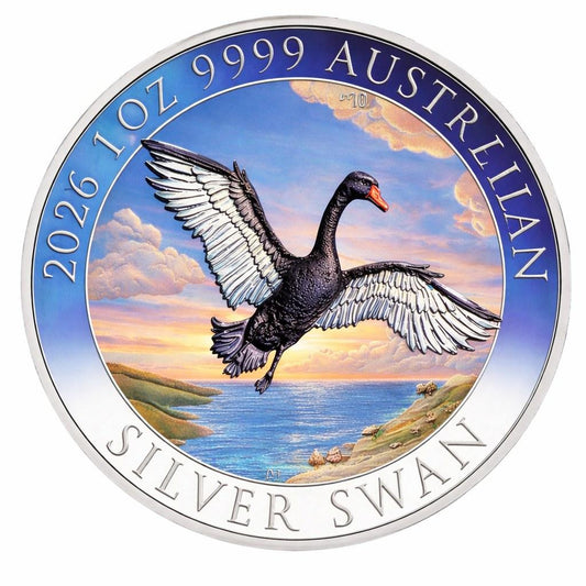In Stock! Perth Mint 2026 Australian Black Swan 1 oz Silver Privately COLORIZED in Capsule w/COA
