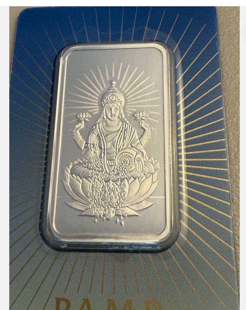 In Stock! PAMP Suisse 1 oz Silver Bar Goddess Lakshmi .999 Religious Series In Assay