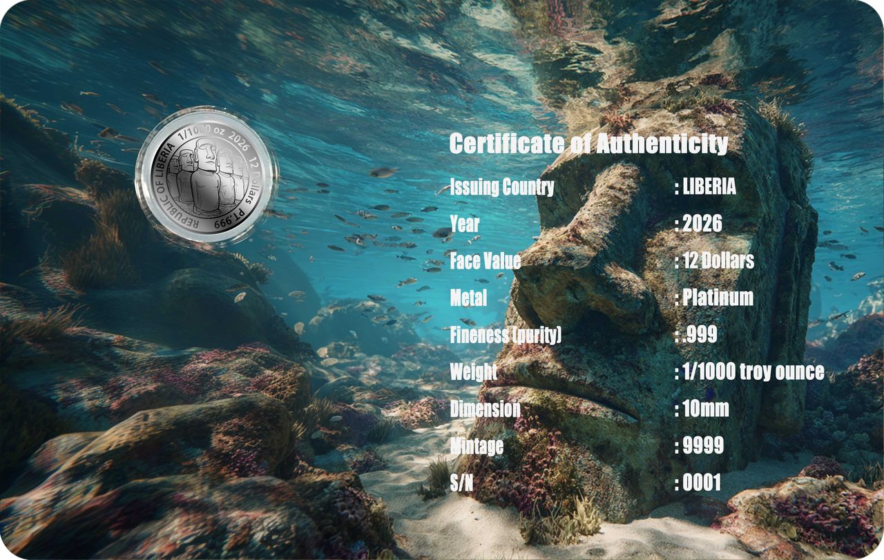 PLATINUM! 2026 Liberia Moai 1/1000 oz Platinum Coin in Card (02/10)