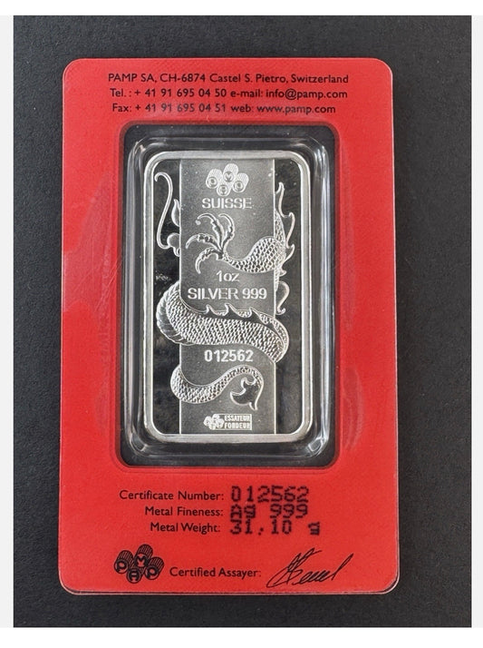 In Stock! 2012 PAMP Suisse Lunar Dragon 1 oz .999 Silver Bar