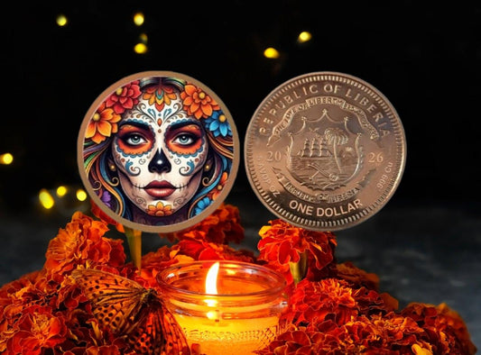 2026 Liberia Sugar Skull Serenity 5 oz Colorized Copper Coin in Capsule (5000 Mintage)