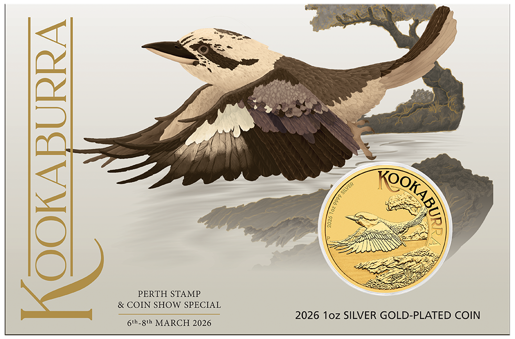 In Stock! 2026 Australia Kookaburra Perth Coin & Stamp Show Gold Gilded 1 oz Silver Coin in Card (02/17)