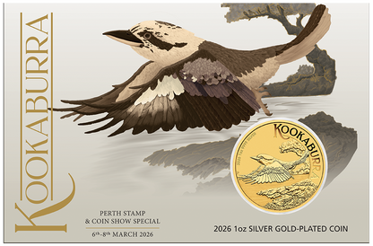 In Stock! 2026 Australia Kookaburra Perth Coin & Stamp Show Gold Gilded 1 oz Silver Coin in Card (02/17)