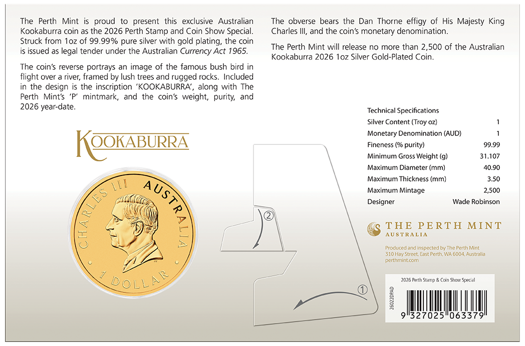 In Stock! 2026 Australia Kookaburra Perth Coin & Stamp Show Gold Gilded 1 oz Silver Coin in Card (02/17)