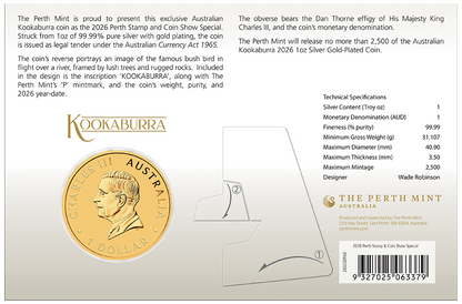 In Stock! 2026 Australia Kookaburra Perth Coin & Stamp Show Gold Gilded 1 oz Silver Coin in Card (02/17)