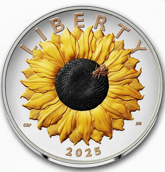 In Stock! 2025 US Mint Liberty Sunflower Proof 1 oz Colorized Silver Art Medal in Display Box w/COA (49 Mintage)