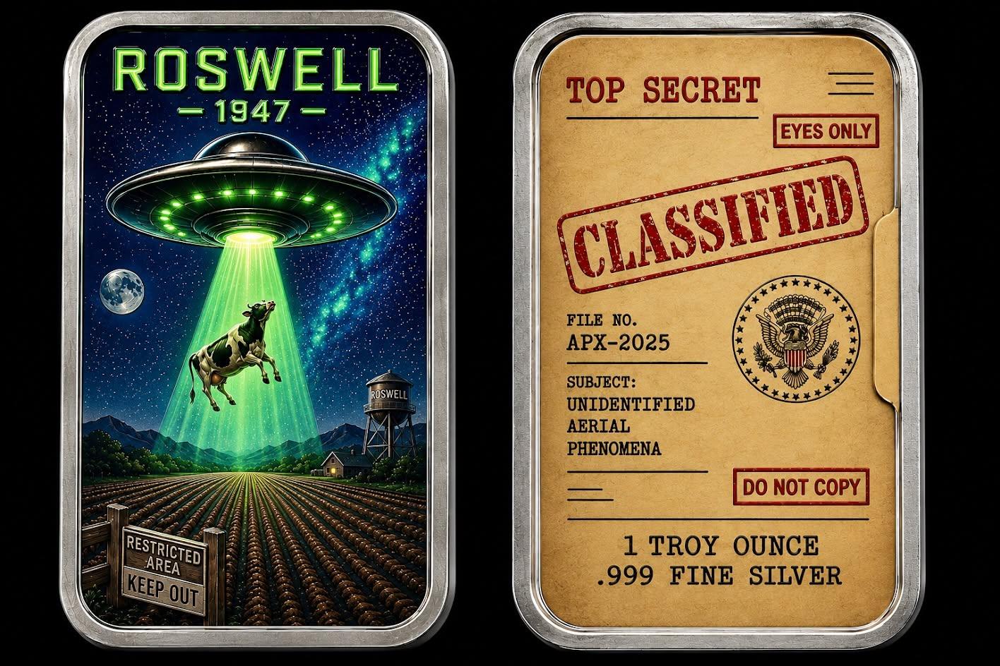 Estimate: XVI Mint - The Classified Files - Bovine Conspiracy 1 oz Silver 1 oz Silver Colorized Art Bar in Tin
