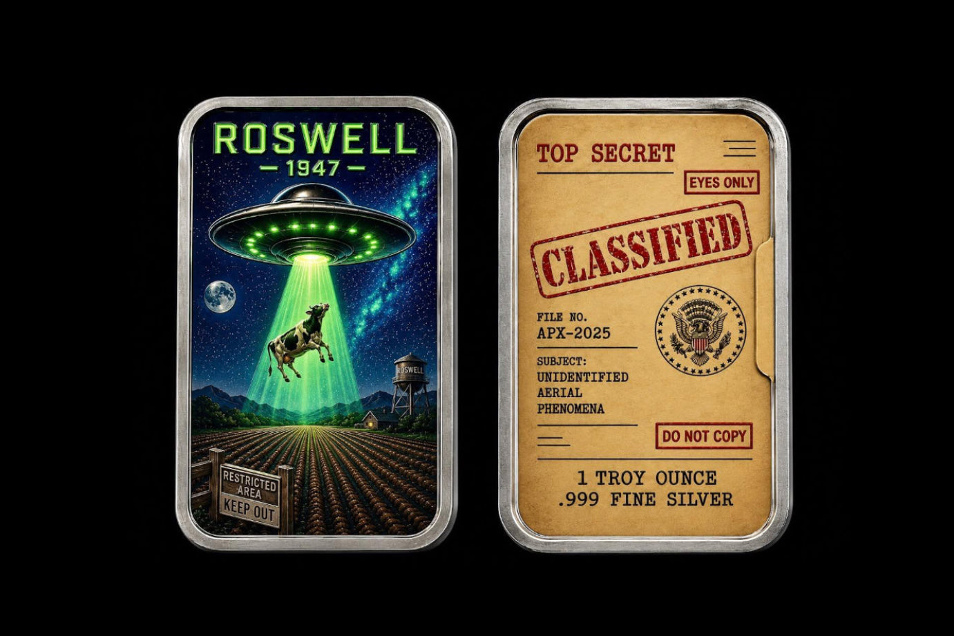 Estimate: XVI Mint - The Classified Files - Roswell 1947 1 oz Silver 1 oz Silver Colorized Art Bar in Tin