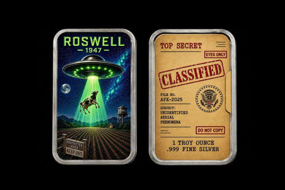 Estimate: XVI Mint - The Classified Files - Roswell 1947 1 oz Silver 1 oz Silver Colorized Art Bar in Tin