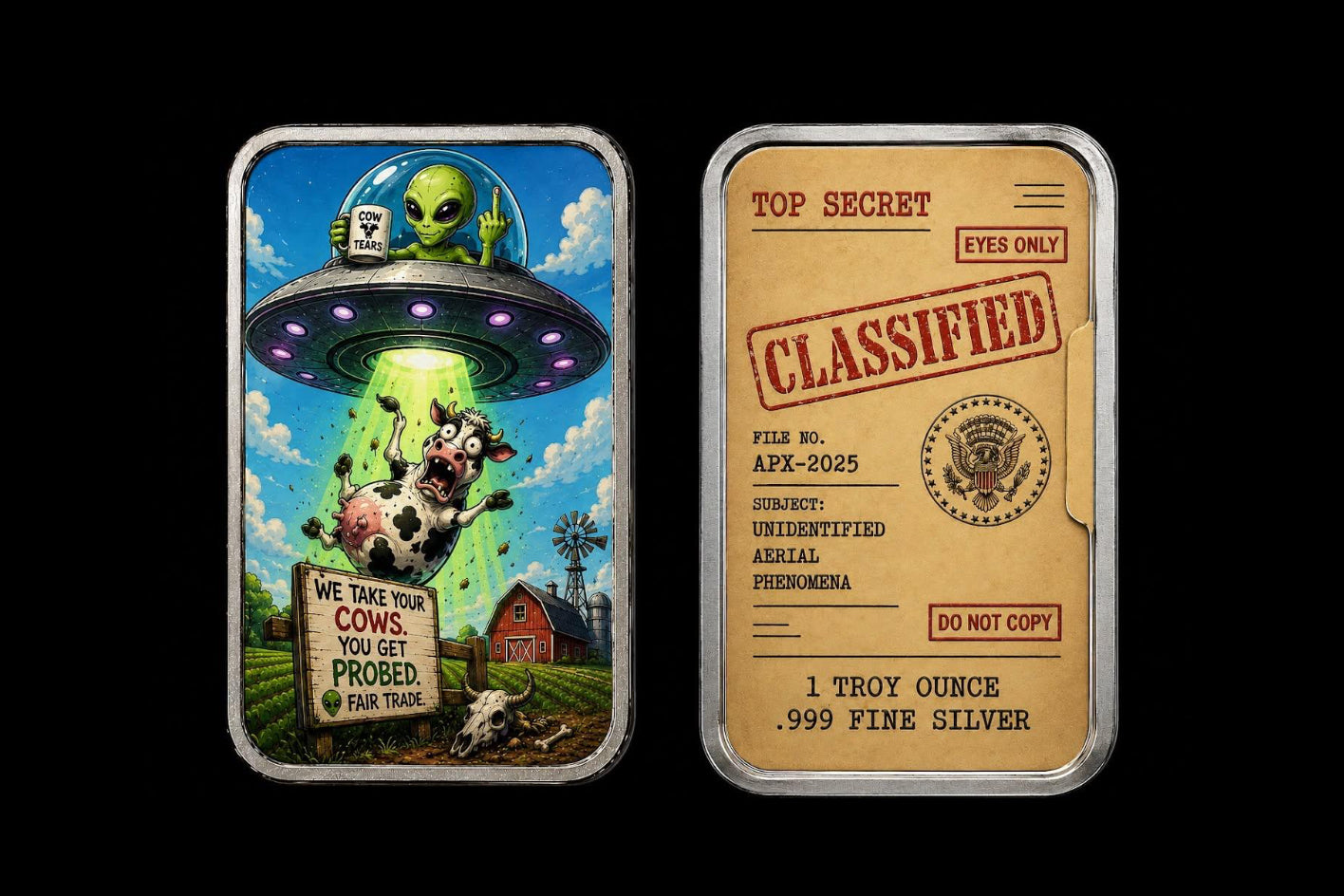 Estimate: XVI Mint - The Classified Files - Bovine Conspiracy 1 oz Silver 1 oz Silver Colorized Art Bar in Tin