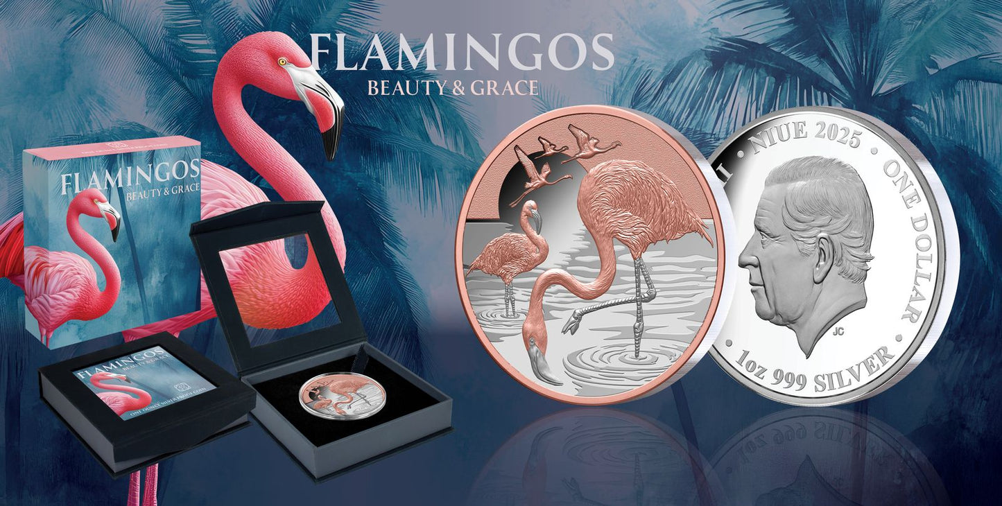 In Stock! 2025 Niue Flamingos Beauty & Grace Rose Gold Gilt 1 oz Silver Coin