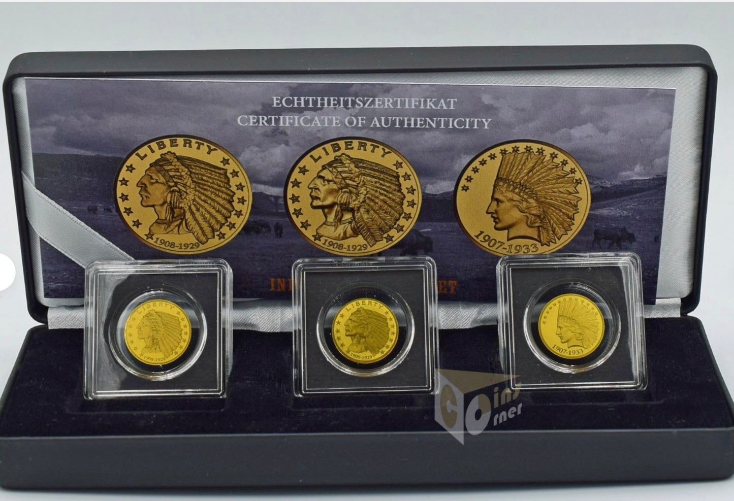 In Stock! Liberia U.S. Indian Head Gold Tribute 3 × 1/1000 oz Gold Coin Set