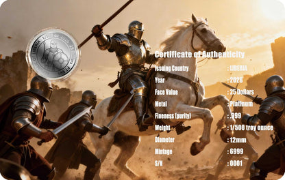 2026 Liberia Plate Armour 1/500 oz Platinum Coin in Card (02/23)
