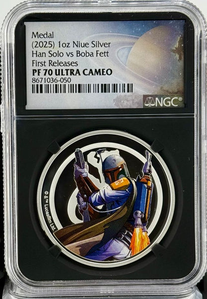 2025 Star Wars Boba Fett vs Han Solo 1 oz Silver NGC PF 70 Galaxy Label (02/25)