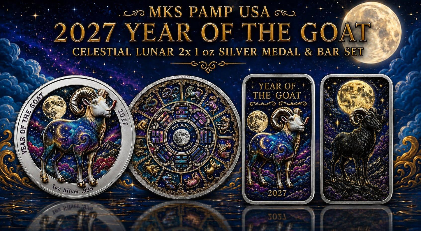 MKS Pamp USA 2027 Year of the Goat Celestial Lunar 1 oz Silver Medal in Capsule w/COA (227 Mintage)