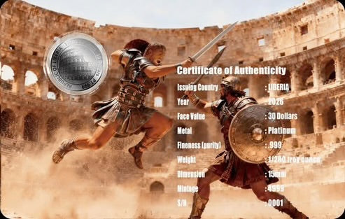 2026 Liberia Gladiator 1/200 oz Platinum Coin in Card (02/25)