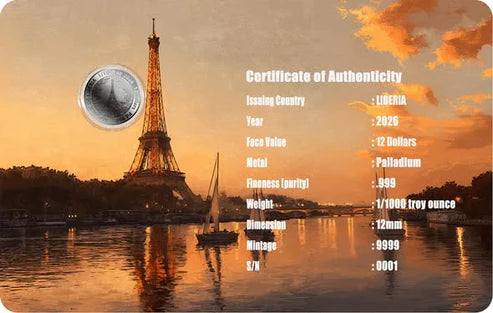 Clearance! 2026 Liberia Eiffel Tower 1/1000 oz .999 Palladium Coin in Card