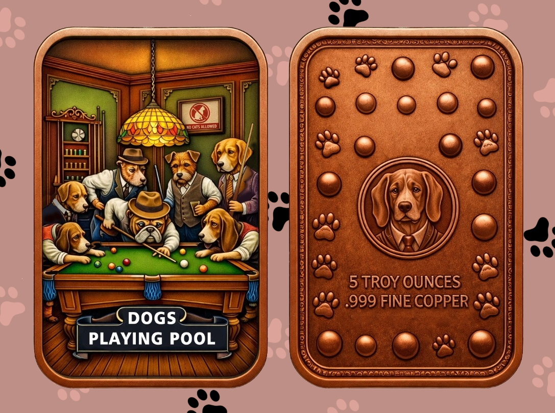 In Stock! Dogs Playing Pool Colorized 5 oz Copper Bar